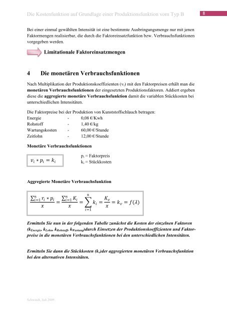 Die Kostenfunktion auf Grundlage einer Produktionsfunktion vom ...