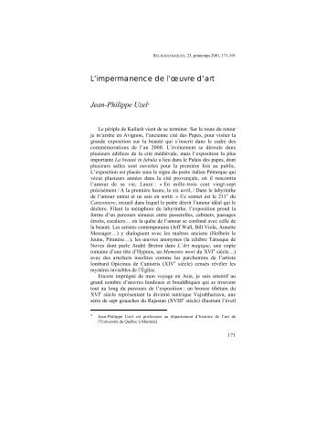 L'impermanence de l'Åuvre d'art Jean-Philippe Uzel - Religiologiques