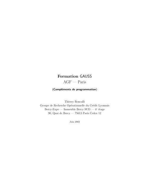 Formation GAUSS AGF â Paris - Thierry Roncalli's Home Page