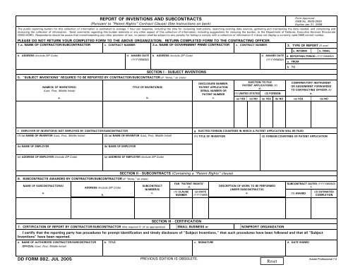 DD Form 882, Report of Inventions and Subcontracts, July 2005