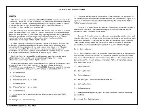 DD Form 882, Report of Inventions and Subcontracts, July 2005