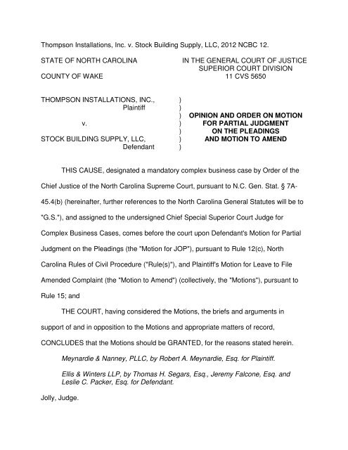 thompson installations, inc. v. stock building supply, llc 2012 ncbc 12