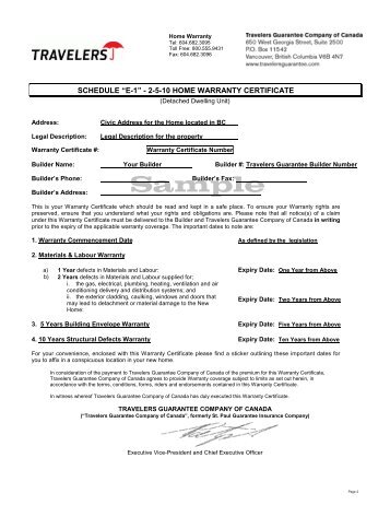 Sample New Home Warranty Certificate - Travelers Canada