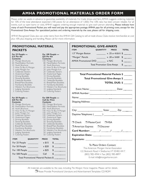 amha promotional materials order form - American Morgan Horse ...