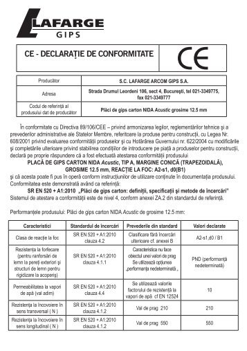 Declaratie de conformitate Nida Acustic 12,5 mm - Lafarge