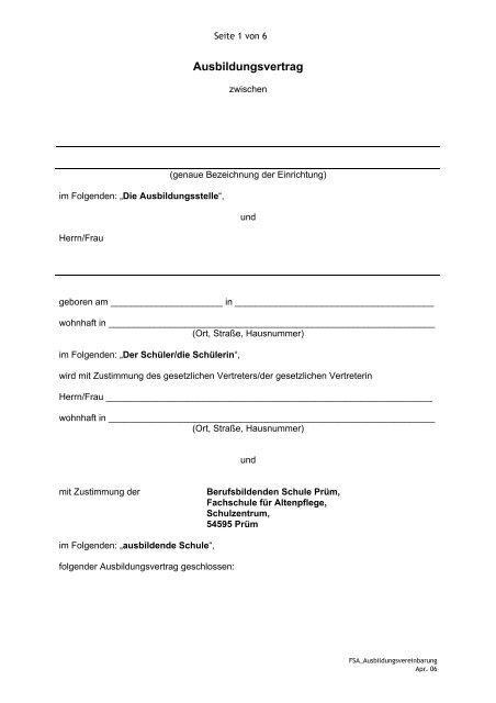Ausbildungsvertrag Berufsbildende Schule Prum