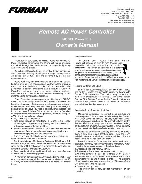 Remote AC Power Controller Owner's Manual - Furman Sound