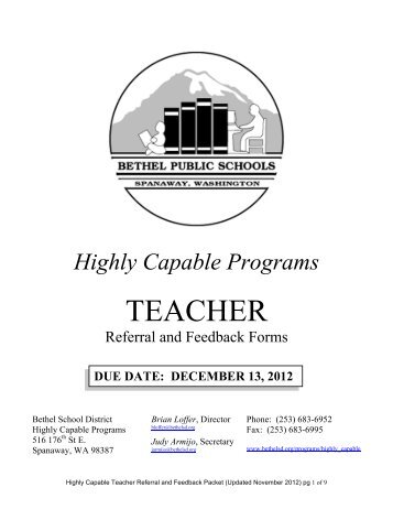 Teacher Referral & Feedback Form - Bethel School District