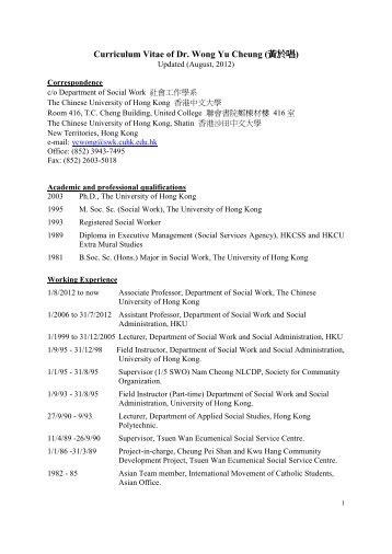 Curriculum Vita of Wong Yu Cheung - Department of Social Work