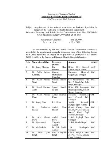 Government Order No - Department of Health , J&K