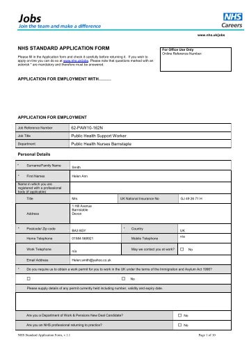 NHS Standard Application Form - Day in the Life