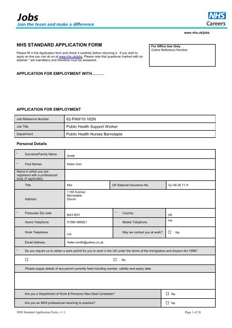 NHS Standard Application Form - Day in the Life