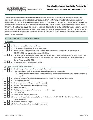 Termination / Separation Checklist - MSU Human Resources ...