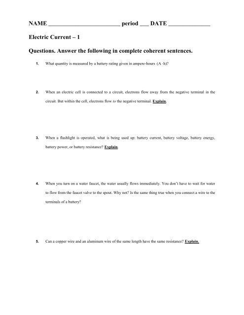 Electric Current A 1 Questions Answer The Following In Complete