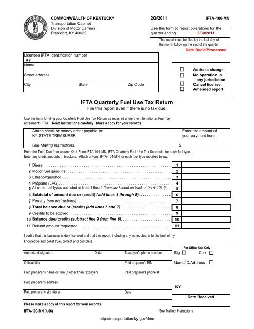 IFTA Quarterly Fuel Use Tax Return - Kentucky Transportation Cabinet