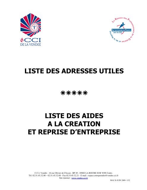 liste des adresses utiles liste des aides a la creation et ... - CCI VendÃ©e