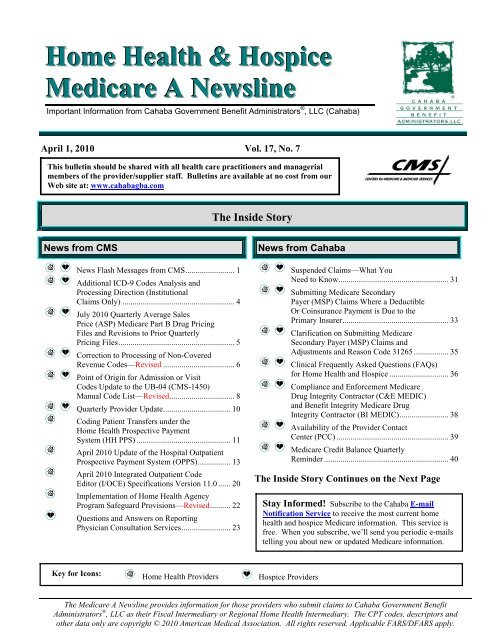 April 1, 2010, Home Health & Hospice Medicare A Newsline - CGS