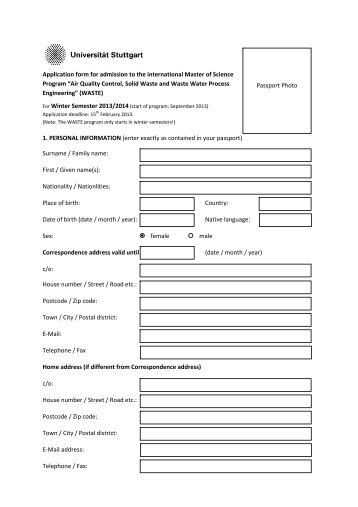 Application form for admission to the international Master of Science ...