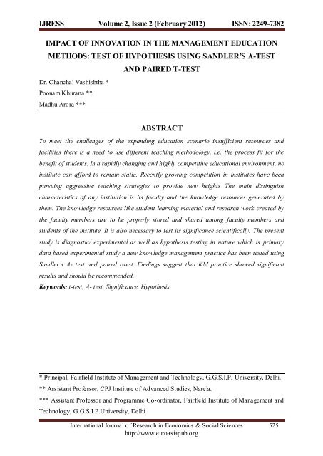 Test of hypothesis using Sandler's A-test and ... - Euroasiapub.org