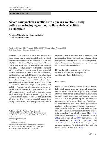 Silver nanoparticles synthesis in aqueous solutions using sulfite as ...