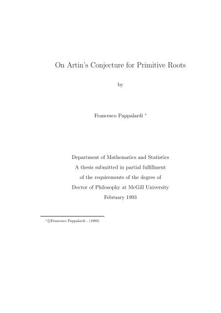 On Artin's Conjecture for Primitive Roots