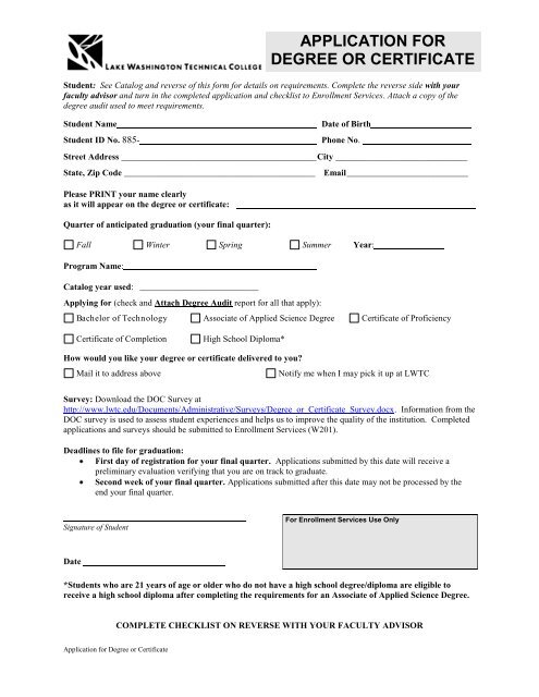APPLICATION FOR DEGREE OR CERTIFICATE