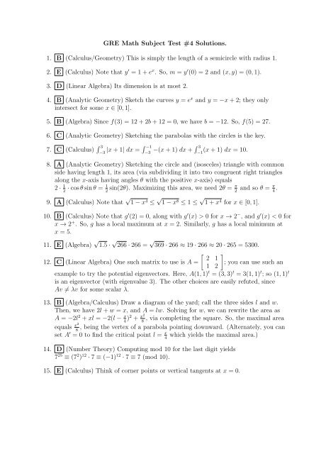 GRE Math Subject Test #4 Solutions. 1. B (Calculus/Geometry) This ...