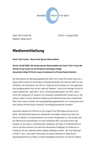 Medienmitteilung - Swiss Tech Invest AG