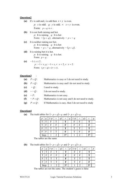 WUCT121 Discrete Mathematics Logic Tutorial Exercises Solutions