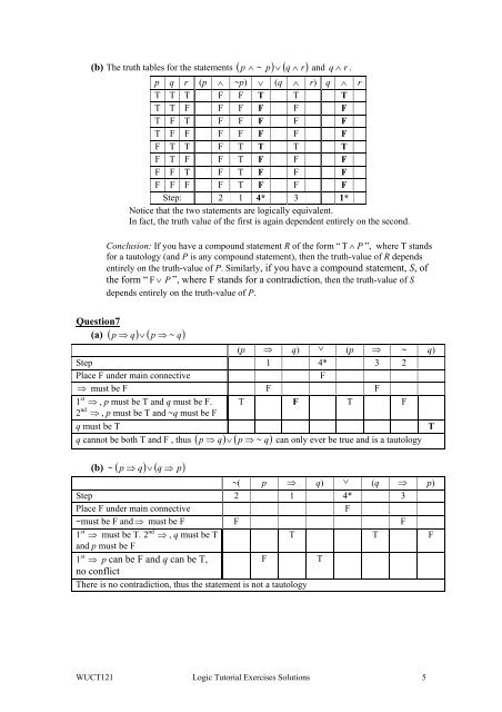 WUCT121 Discrete Mathematics Logic Tutorial Exercises Solutions