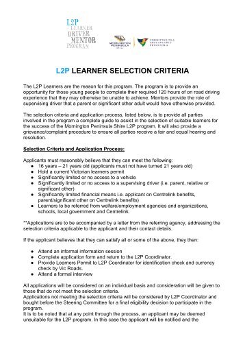 l2p learner selection criteria - Mornington Peninsula Shire Youth ...