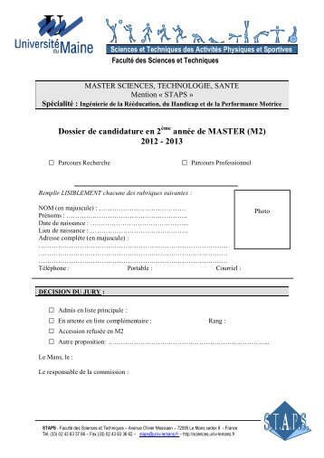 Dossier de candidature en 2 - Faculté des Sciences et Techniques ...