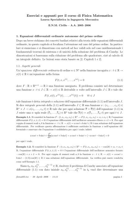 Esercizi e appunti per il corso di Fisica Matematica - Sezione di ...