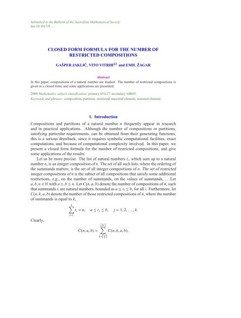 closed form formula for the number of restricted compositions