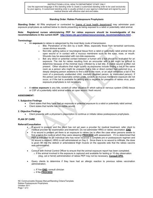 Standing Order for Rabies Post Exposure Prophylaxis - Epi