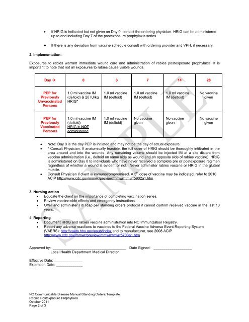 Standing Order for Rabies Post Exposure Prophylaxis - Epi