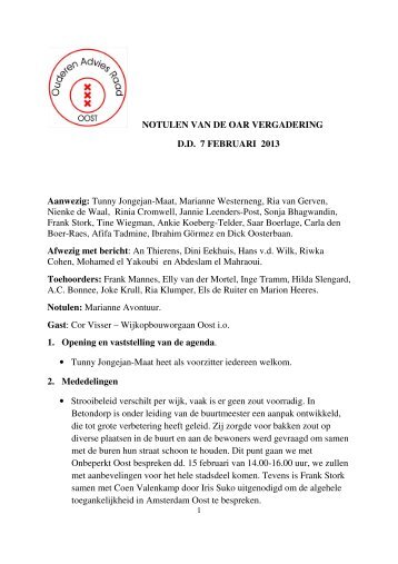 NOTULEN VAN DE OAR VERGADERING D.D. 7 ... - Stadsdeel Oost