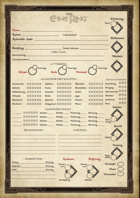 Charakterbogen zu Der Eine Ring - Uhrwerk-Verlag