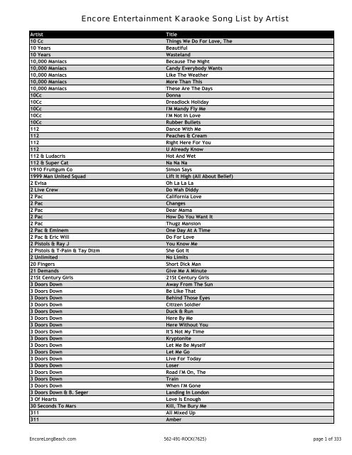 Encore Entertainment Karaoke Song List by Artist