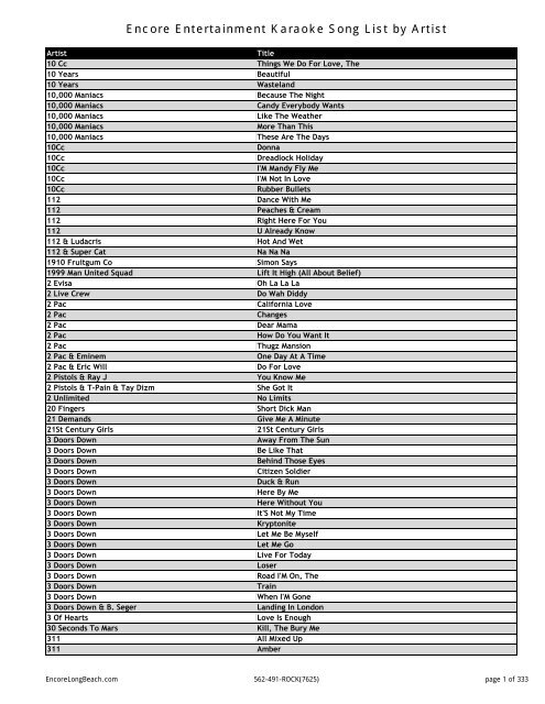 Encore Entertainment Karaoke Song List by Artist