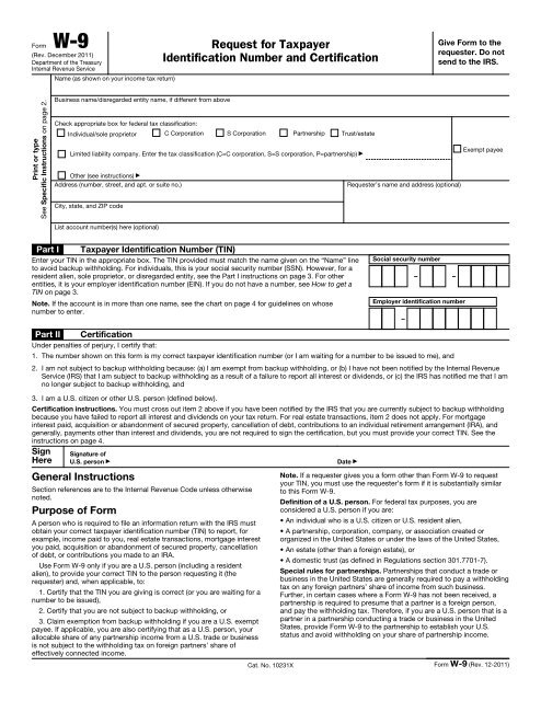 Form W 9 Rev December 2011 Internal Revenue Service