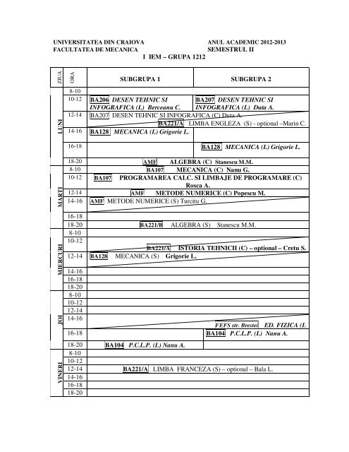 Anul I - Facultatea de Mecanica Craiova - Universitatea din Craiova