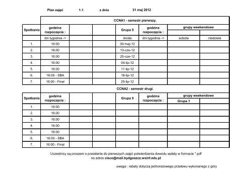 Åroda dni tygodnia -> sobota niedziela 1. 16:00 30-maj-12 2. 16:00 ...