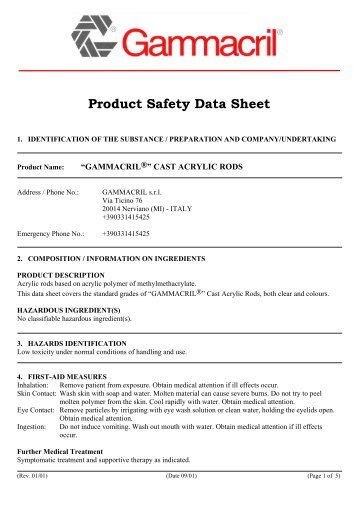 Download our Cast Acrylic Rod material safety datasheet ... - Perspex