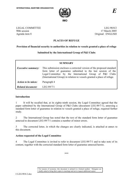 Standard form letter of guarantee in relation to vessels granted a ...