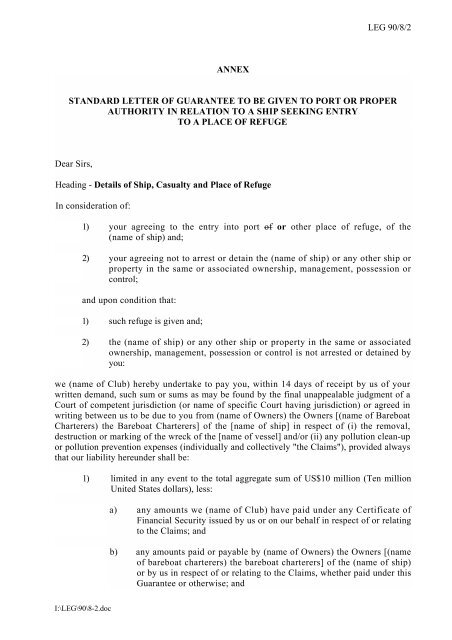 Standard form letter of guarantee in relation to vessels granted a ...