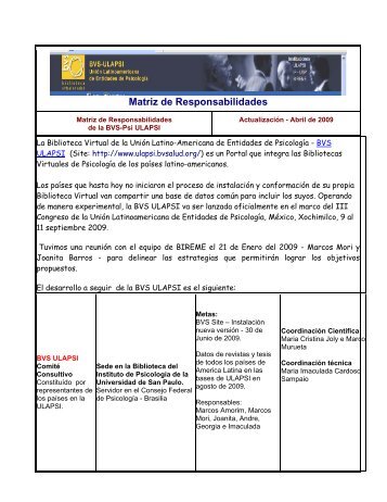 Matriz de Responsabilidades - BVS Psicologia ULAPSI Brasil