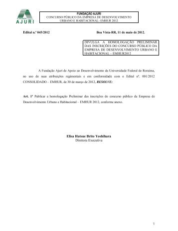 Edital 045-2012 - Homologacao Preliminar ... - FundaÃ§Ã£o Ajuri