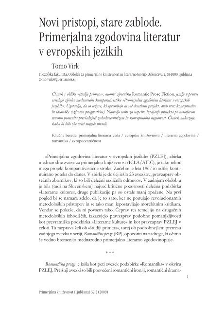 Primerjalna književnost, letnik 32, št. 2, Ljubljana ... - ZRC SAZU