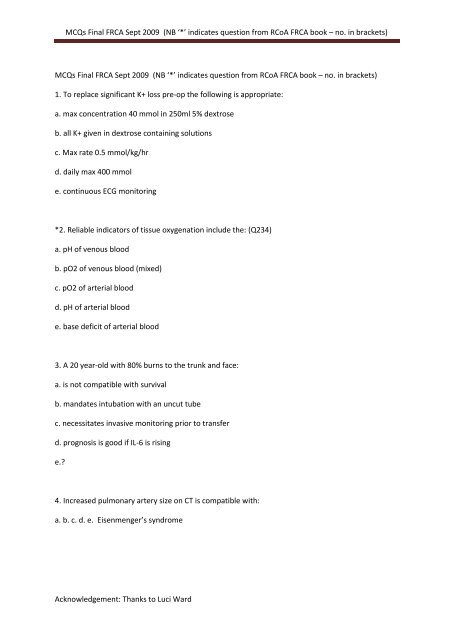 MCQs Final FRCA Sept 2009 (NB '*' indicates question from RCoA ...